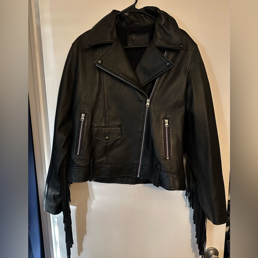 COPY - Black Leather Motorcycle Fringe Jacket L